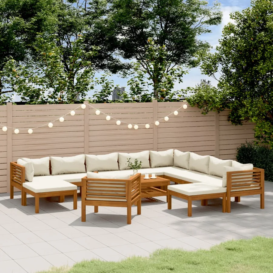 Salon de jardin 12 pcs avec coussin crème Bois d'acacia solide