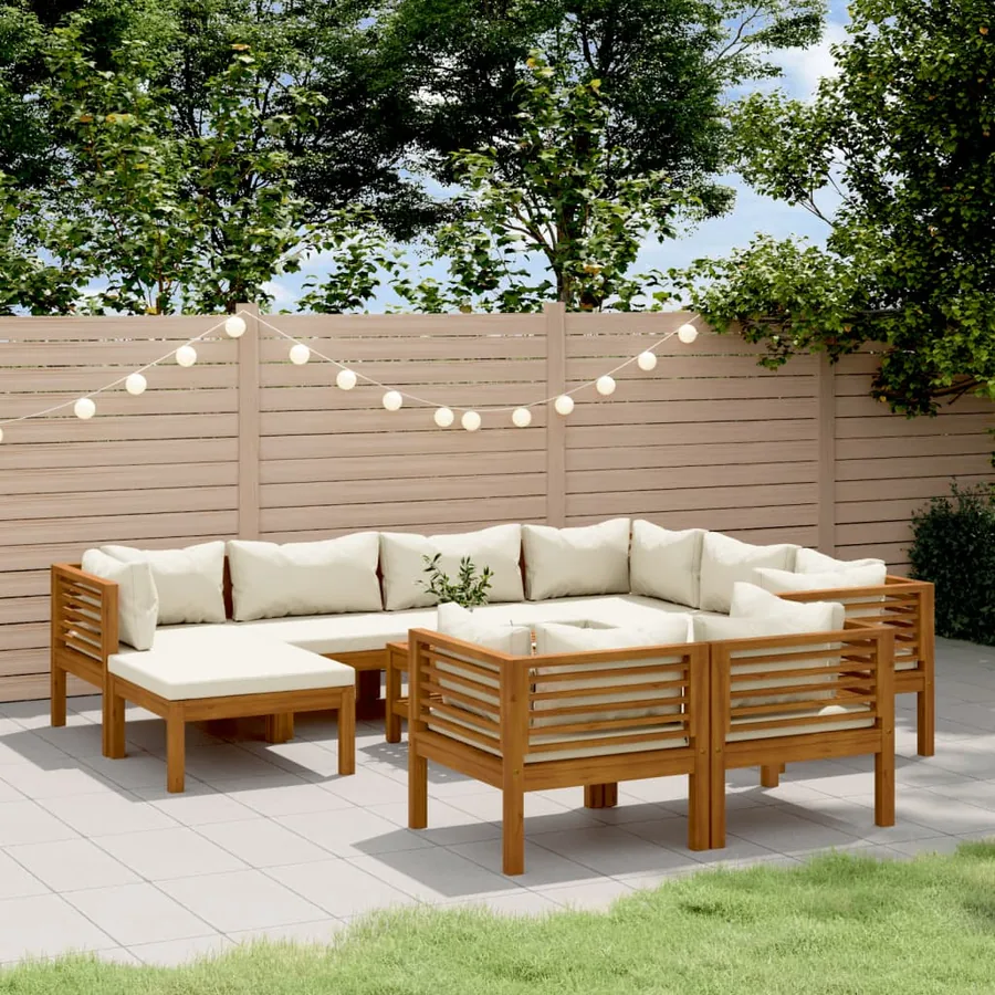 Salon de jardin 10 pcs avec coussin crème Bois d'acacia solide