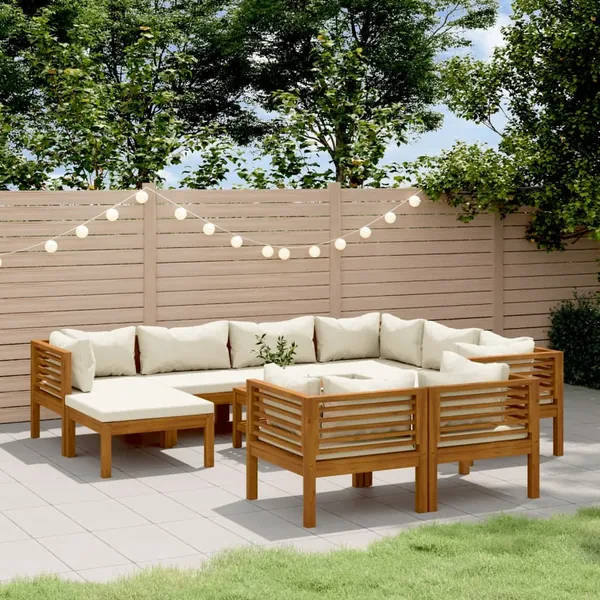 Salon de jardin 10 pcs avec coussin crème Bois d'acacia solide