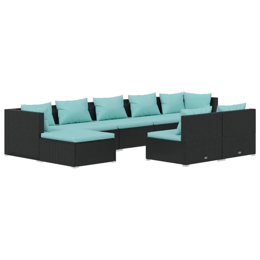 Salon de jardin 9 pcs avec coussins Noir Résine tressée - 2