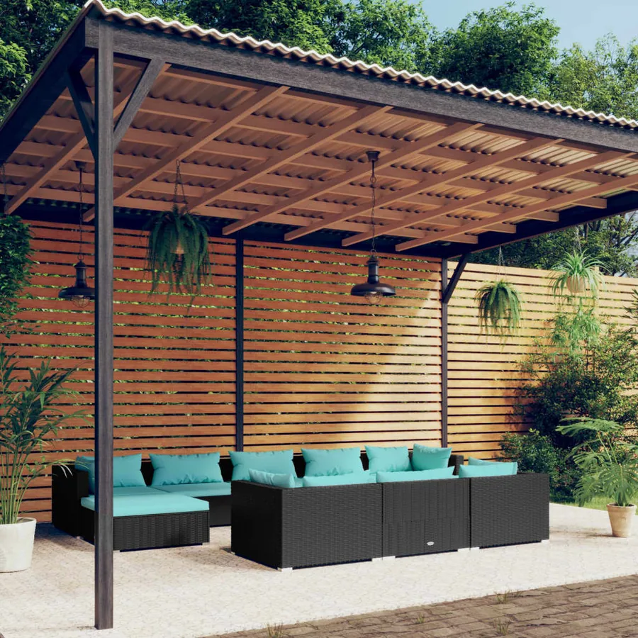 Salon de jardin 10 pcs avec coussins Noir Résine tressée
