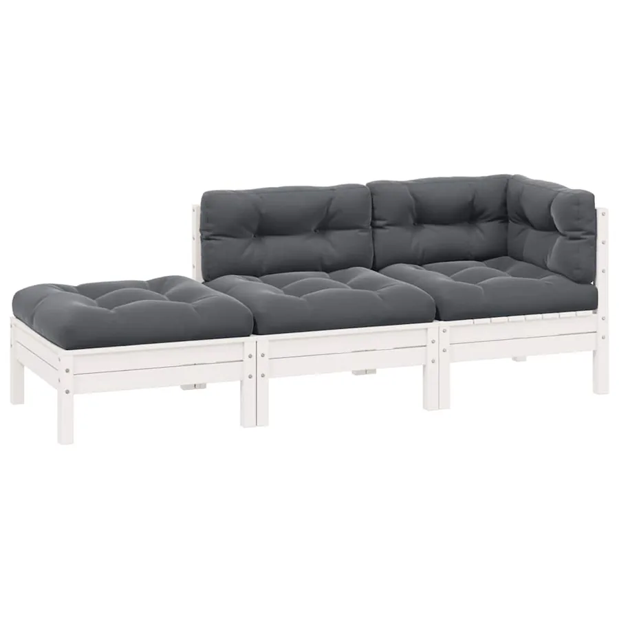 Salon de jardin 3 pcs avec coussins Blanc Bois de pin solide