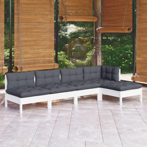 Salon de jardin 5 pcs avec coussins blanc bois de pin