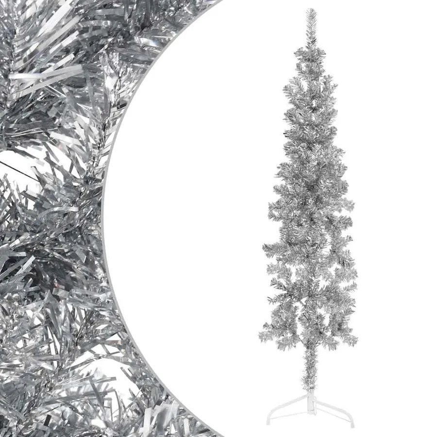 Demi sapin de Noël artificiel mince avec support Argenté 120 cm - 2
