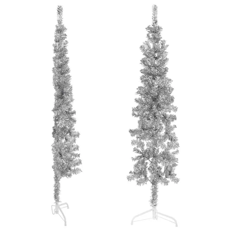 Demi sapin de Noël artificiel mince avec support Argenté 120 cm - 3