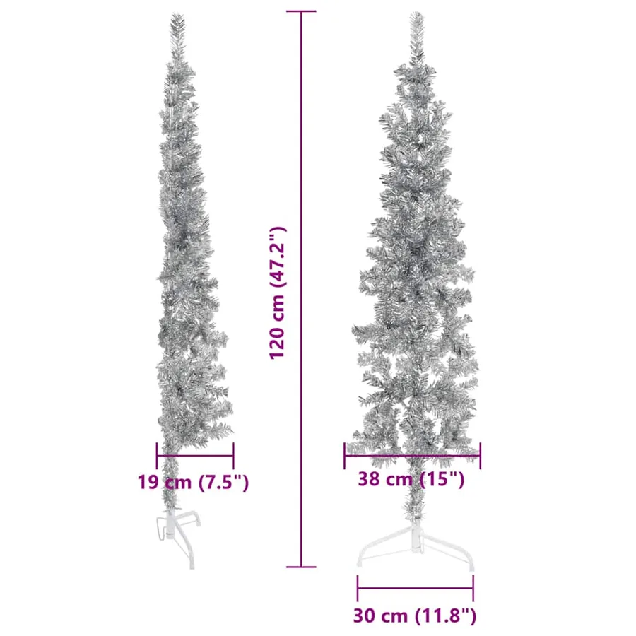 Demi sapin de Noël artificiel mince avec support Argenté 120 cm - 9