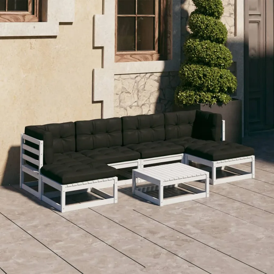 Salon de jardin 7 pcs avec coussins blanc bois de pin massif