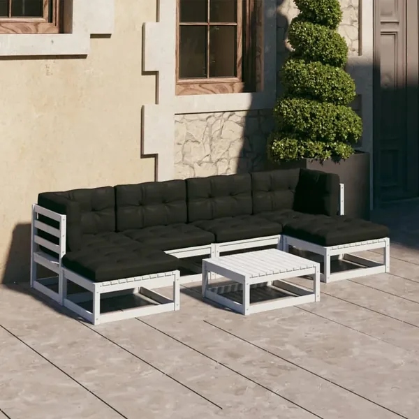 Salon de jardin 7 pcs avec coussins blanc bois de pin massif