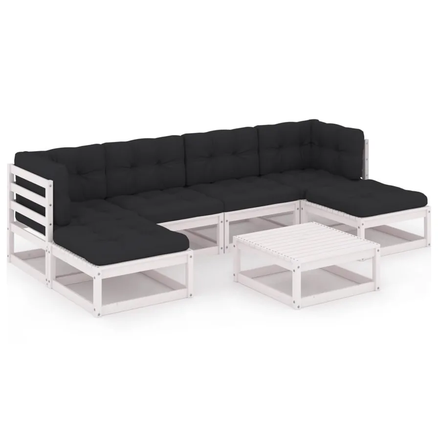 Salon de jardin 7 pcs avec coussins blanc bois de pin massif - 2