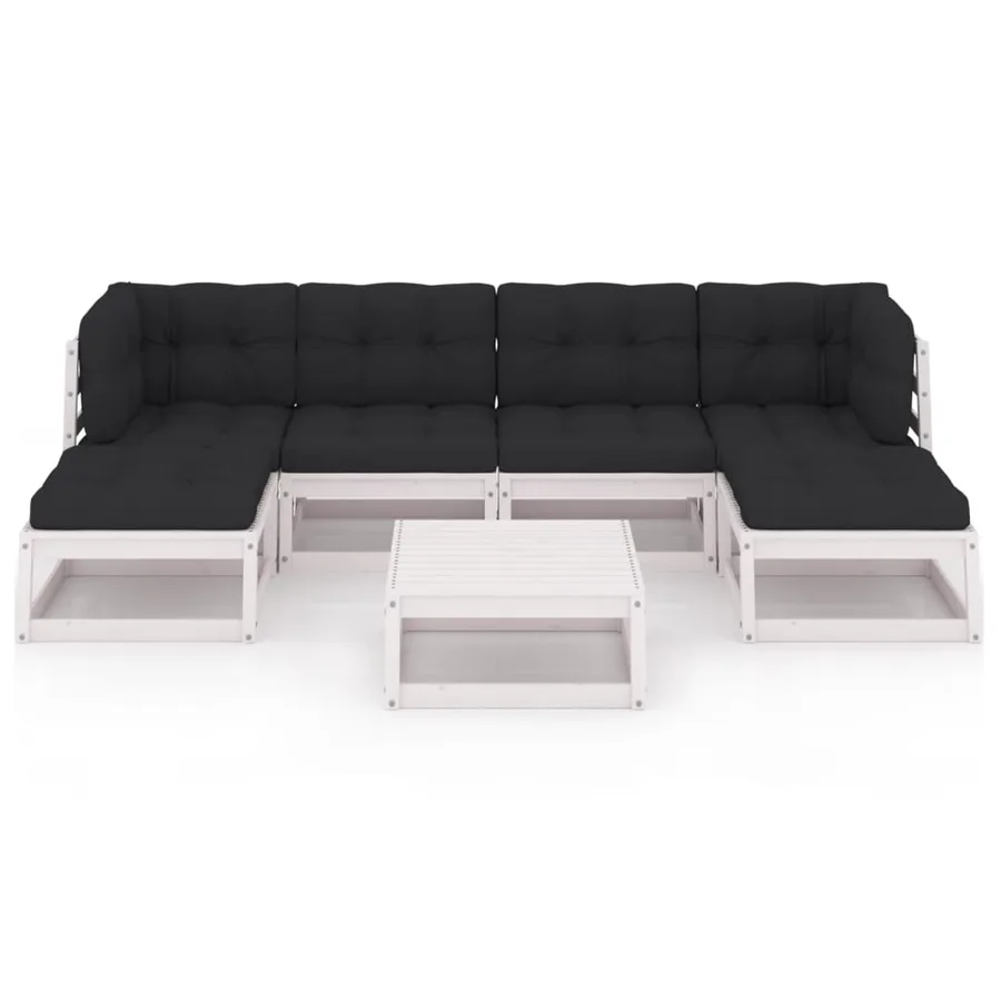 Salon de jardin 7 pcs avec coussins blanc bois de pin massif - 3