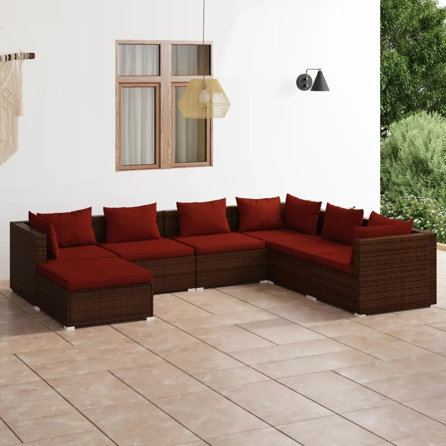 Salon de jardin 7 pcs avec coussins Résine tressée Marron