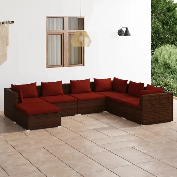 Salon de jardin 7 pcs avec coussins Résine tressée Marron