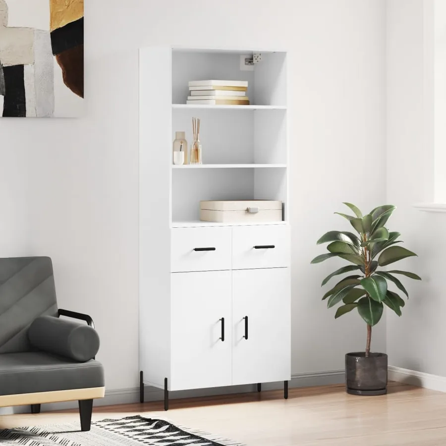 Buffet haut Blanc brillant 69,5x34x180 cm Bois d'ingénierie