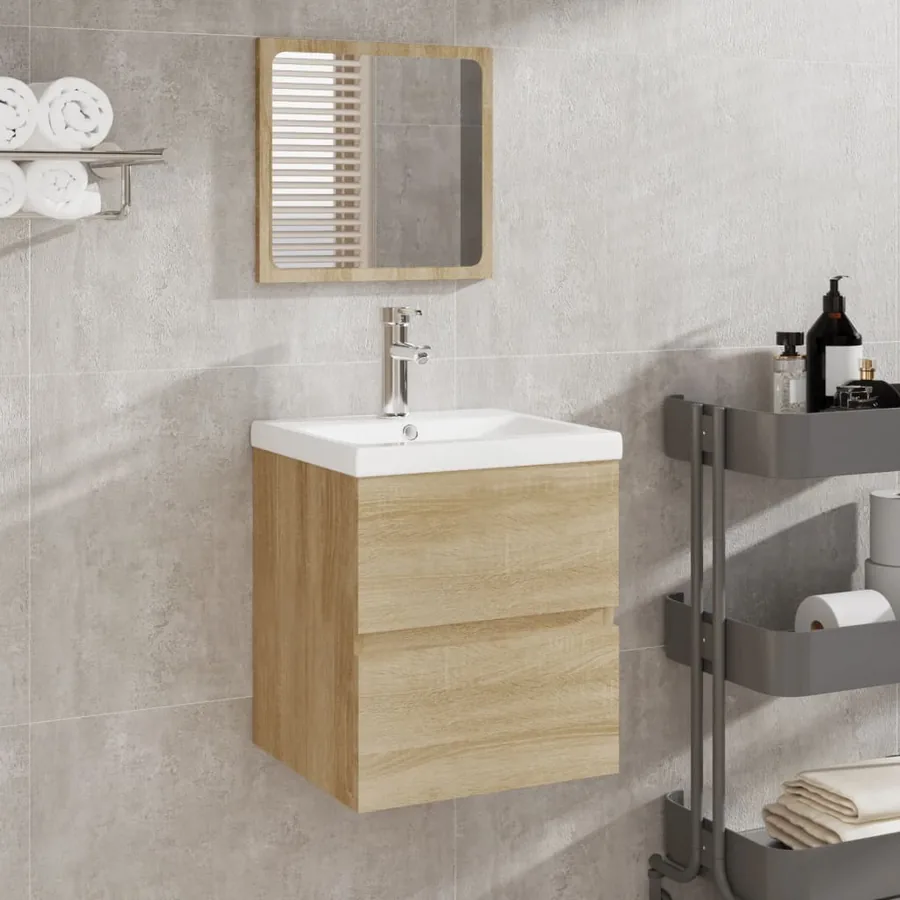 Armoire lavabo de salle de bain bassin et miroir Chêne sonoma