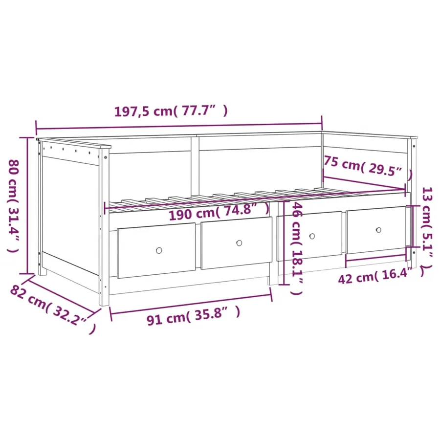 Lit de jour sans matelas 75x190 cm bois de pin massif - 13