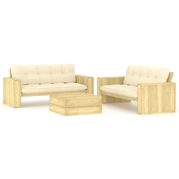 Salon de jardin 3 pcs avec coussins bois de pin imprégné