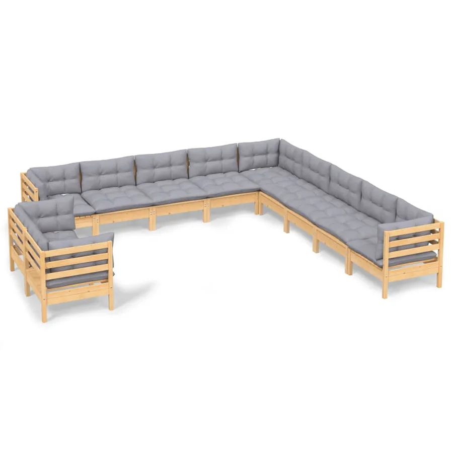 Salon de jardin 11 pcs avec coussins gris Bois de pin solide - 2