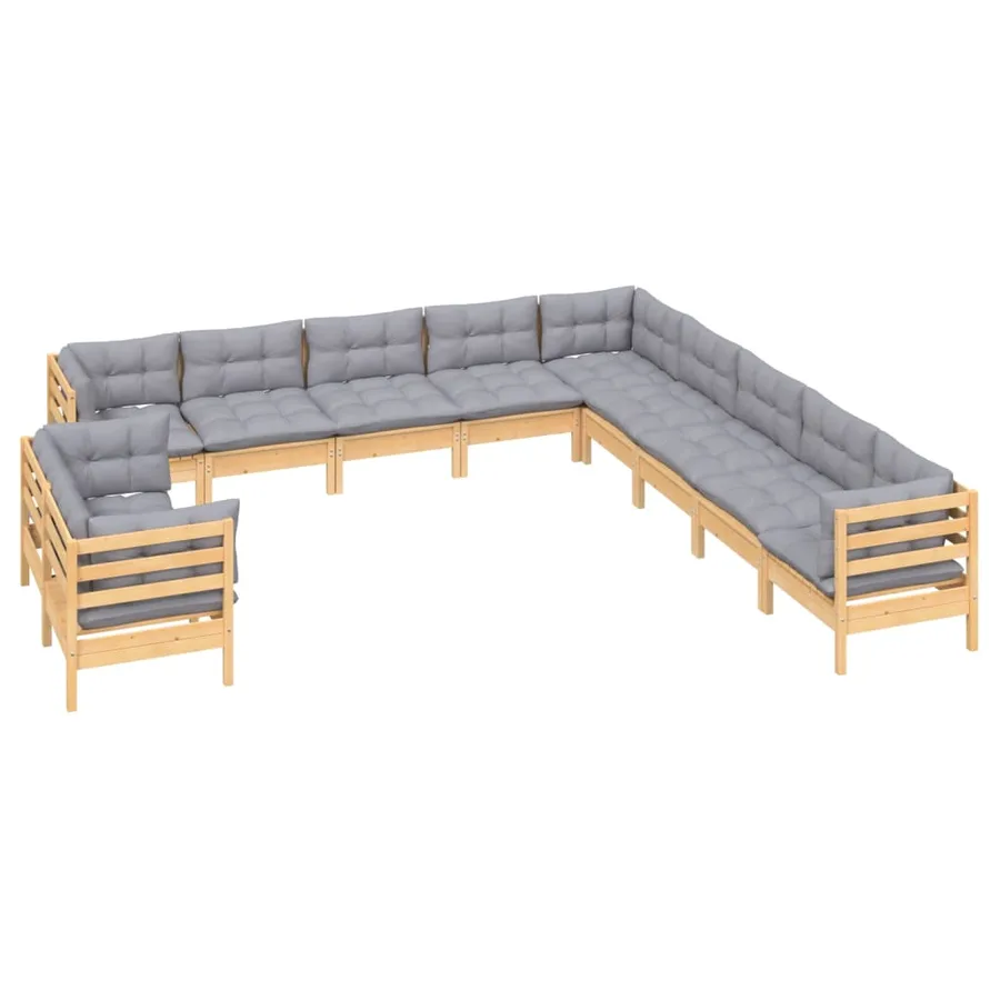 Salon de jardin 11 pcs avec coussins gris Bois de pin solide - 3