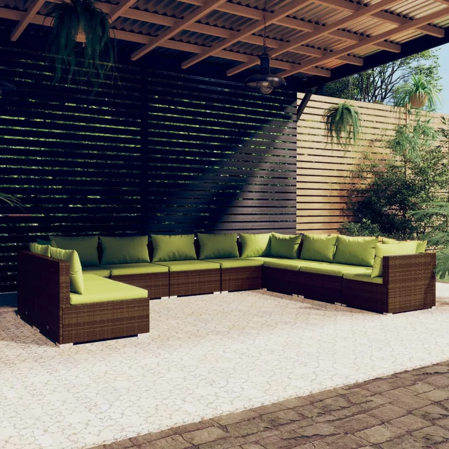 Salon de jardin 10 pcs avec coussins marron résine tressée