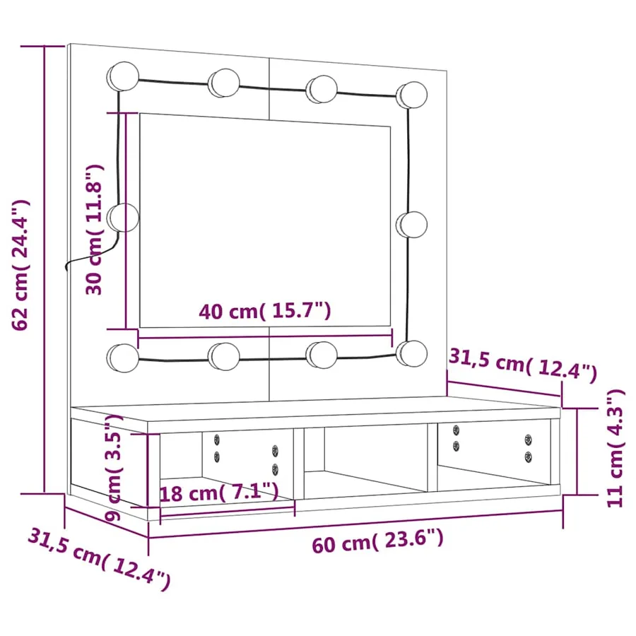 Armoire à miroir avec LED noir 60x31,5x62 cm - 14