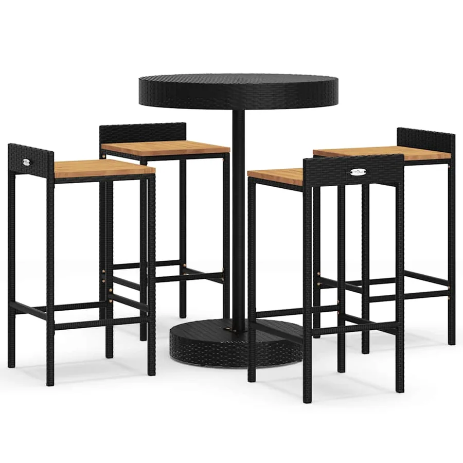Ensemble de bar jardin 5 pcs noir poly rotin/bois massif acacia - 2
