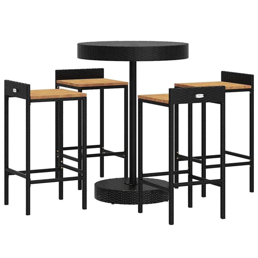 Ensemble de bar jardin 5 pcs noir poly rotin/bois massif acacia - 3