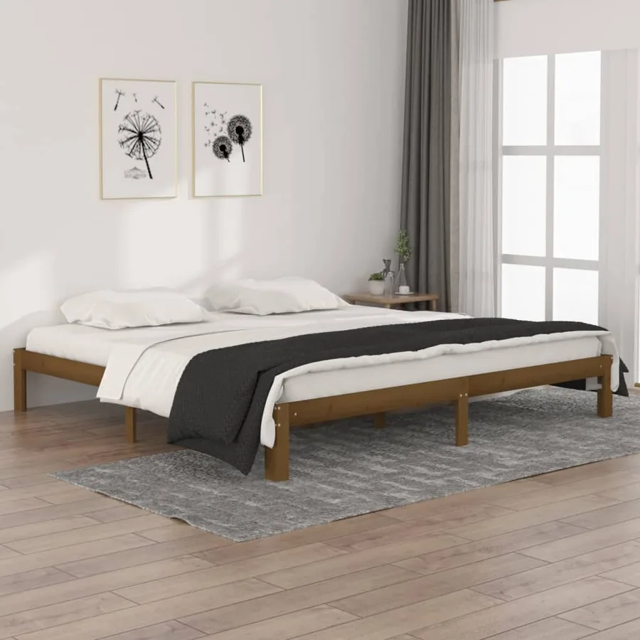 Cadre de lit sans matelas marron miel bois pin massif 200x200cm