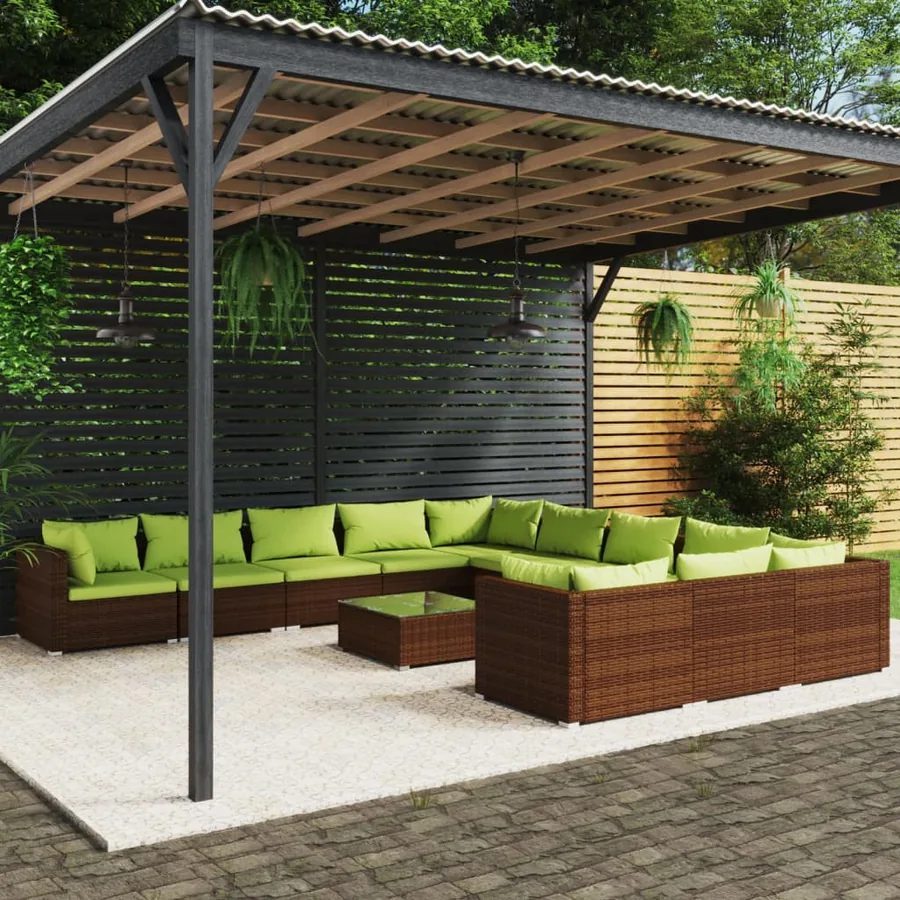 Salon de jardin 12 pcs avec coussins Résine tressée Marron