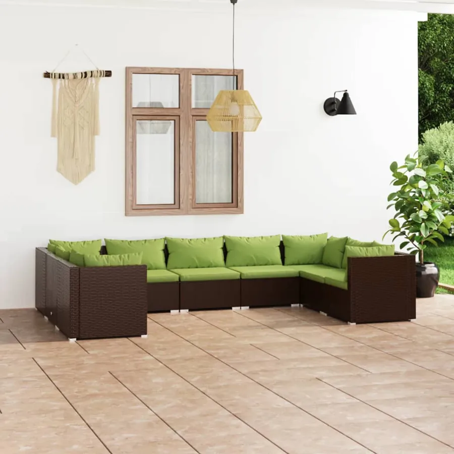 Salon de jardin 9 pcs avec coussins Résine tressée Marron