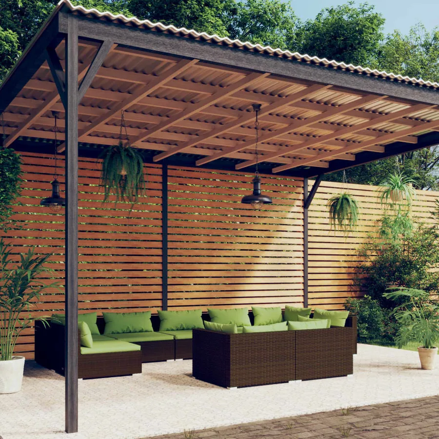Salon de jardin 9 pcs avec coussins Marron Résine tressée