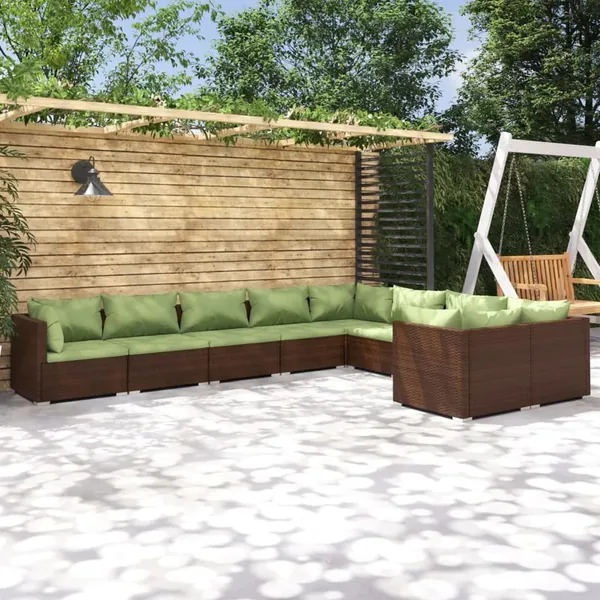 Salon de jardin 9 pcs avec coussins Résine tressée Marron