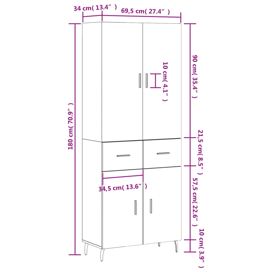 Buffet haut Blanc 69,5x34x180 cm Bois d'ingénierie - 14