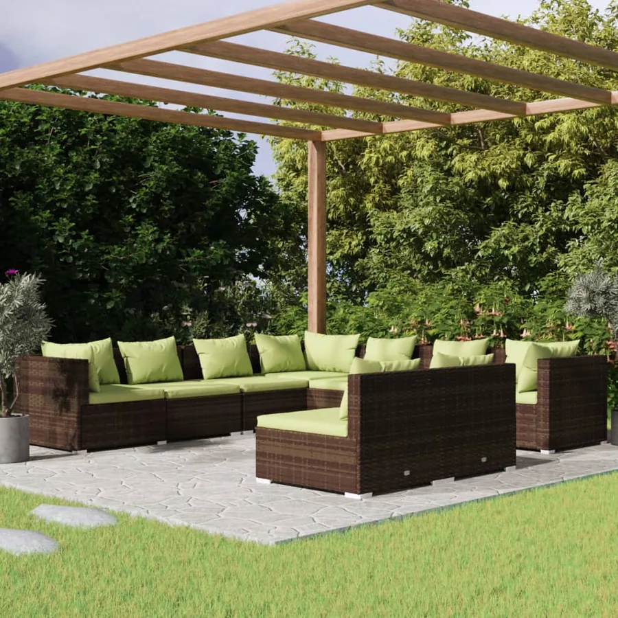 Salon de jardin avec coussins 9 pcs marron résine tressée