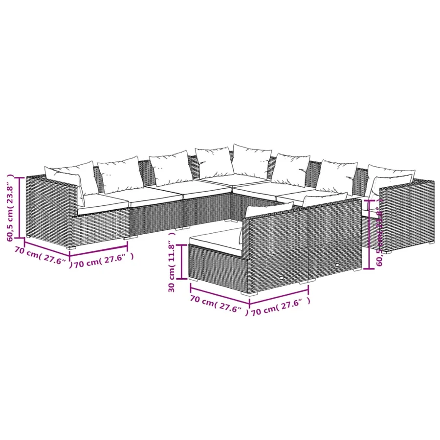 Salon de jardin avec coussins 9 pcs marron résine tressée - 7