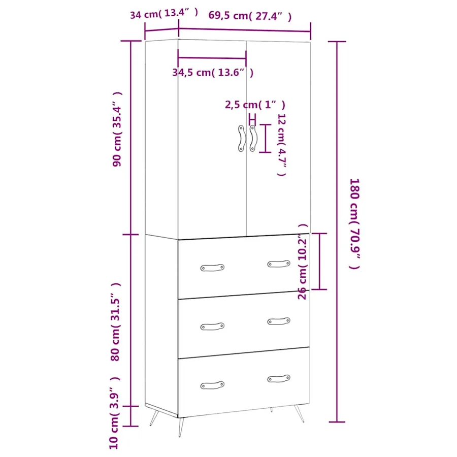 Buffet haut Chêne sonoma 69,5x34x180 cm Bois d'ingénierie - 14