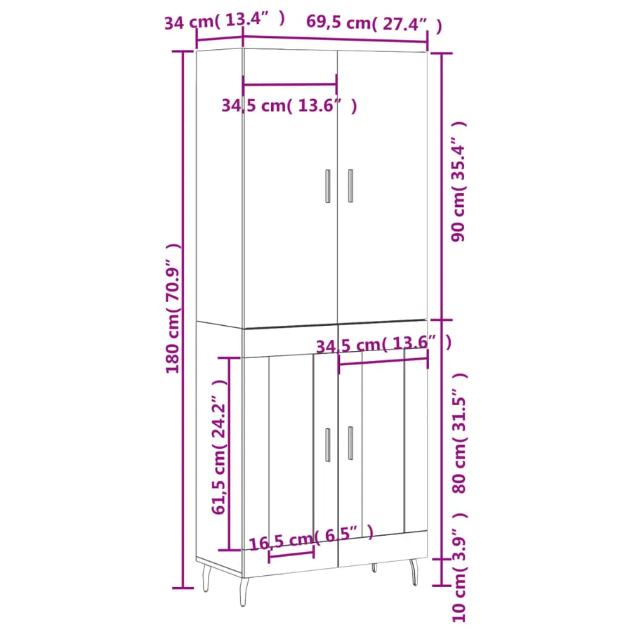 Buffet haut Blanc 69,5x34x180 cm Bois d'ingénierie - 13