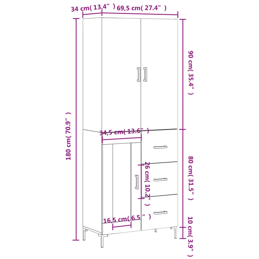 Buffet haut Chêne sonoma 69,5x34x180 cm Bois d'ingénierie - 14