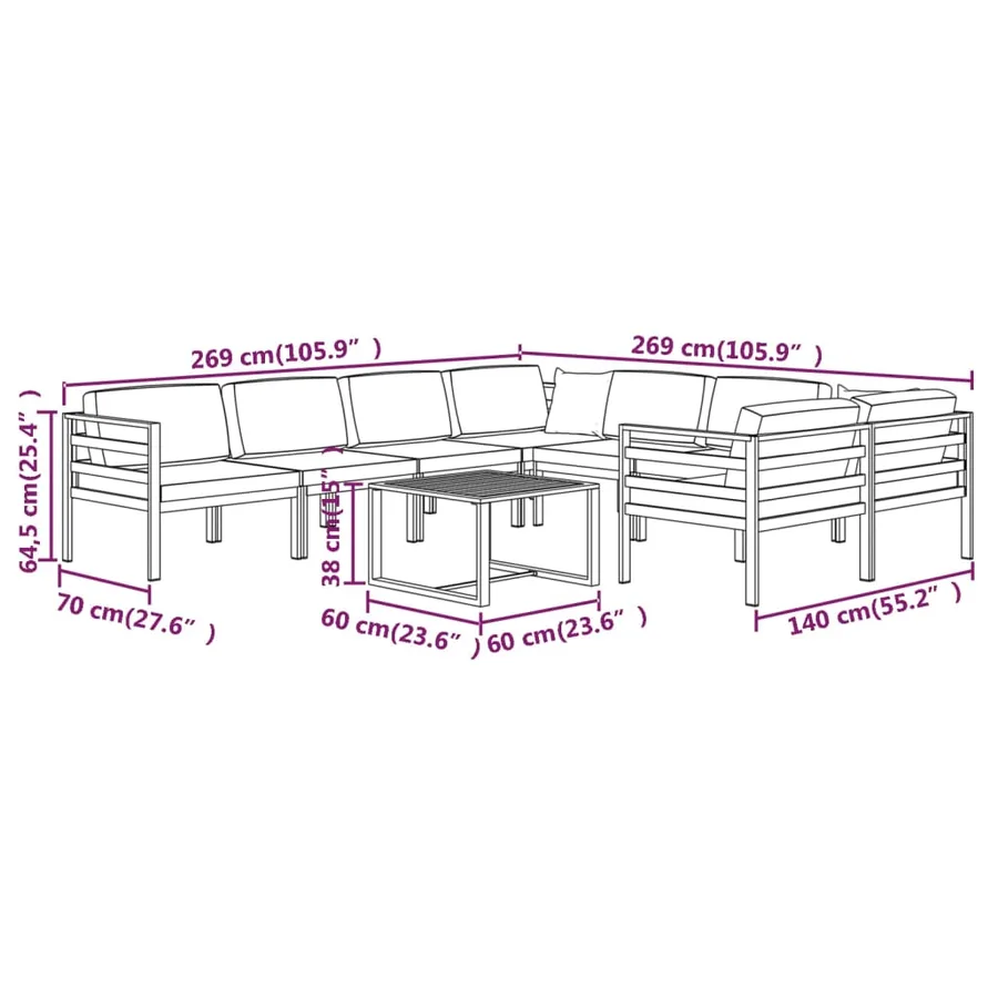 Salon de jardin 9 pcs avec coussins Aluminium Anthracite - 9