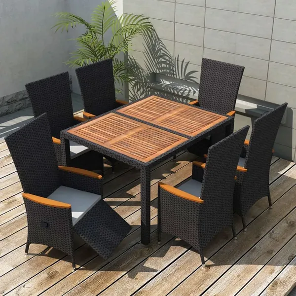Ensemble à manger d'extérieur 7pcs Résine tressée acacia Noir