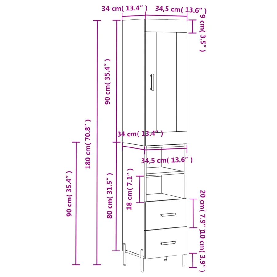 Buffet haut Blanc 34,5x34x180 cm Bois d'ingénierie - 14