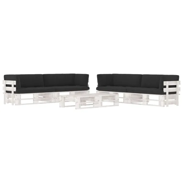 Salon de jardin palette 6 pcs et coussins Pin imprégné de blanc