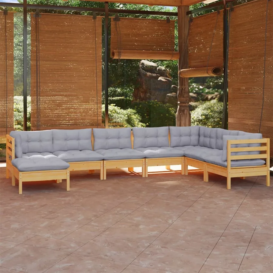 Salon de jardin 8 pcs avec coussins gris Bois de pin massif