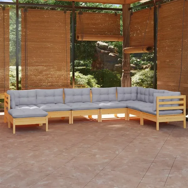 Salon de jardin 8 pcs avec coussins gris Bois de pin massif