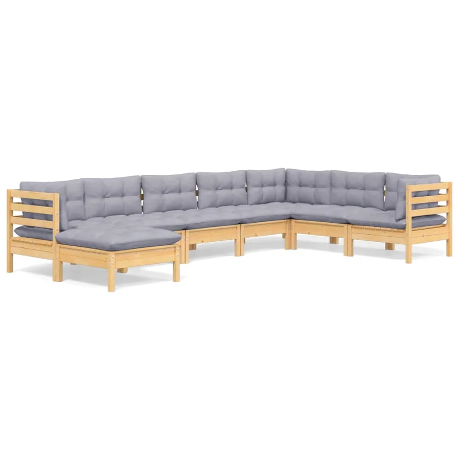 Salon de jardin 8 pcs avec coussins gris Bois de pin massif - 2