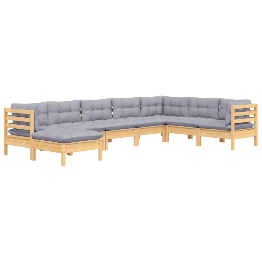 Salon de jardin 8 pcs avec coussins gris Bois de pin massif - 3
