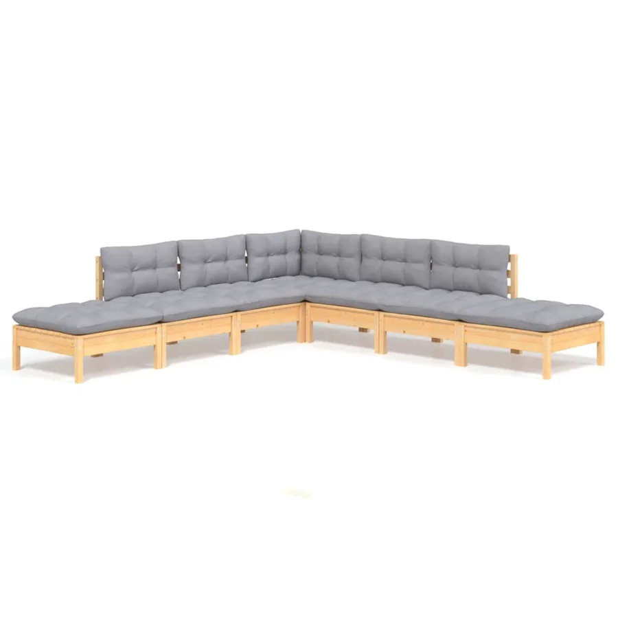 Salon de jardin 7 pcs avec coussins gris bois de pin - 2