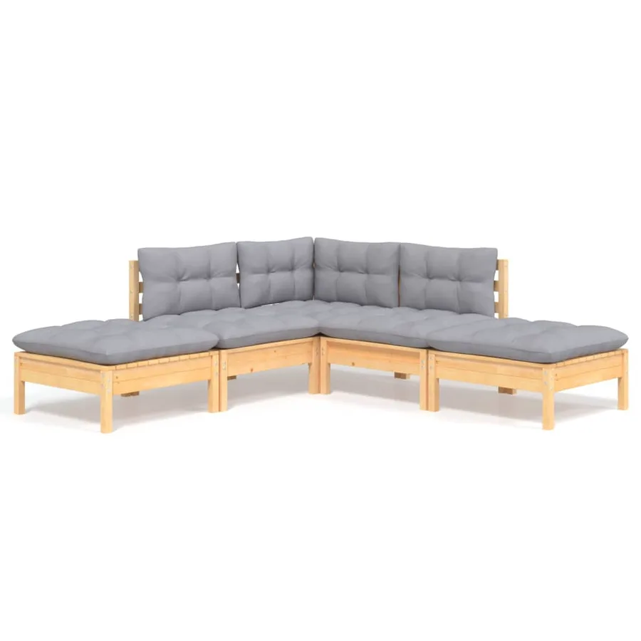 Salon de jardin 5 pcs avec coussins gris bois de pin - 2
