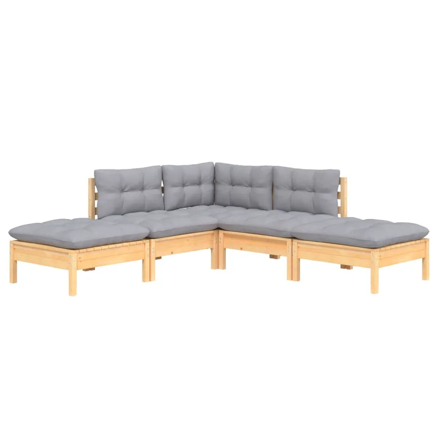 Salon de jardin 5 pcs avec coussins gris bois de pin - 3