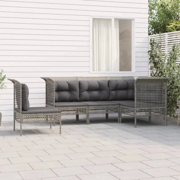 Salon de jardin 5 pcs avec coussins Gris Résine tressée