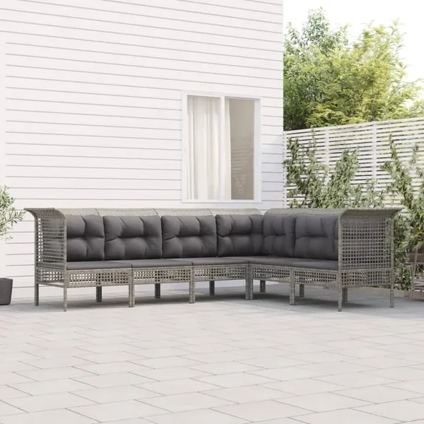 Salon de jardin 6 pcs avec coussins Gris Résine tressée